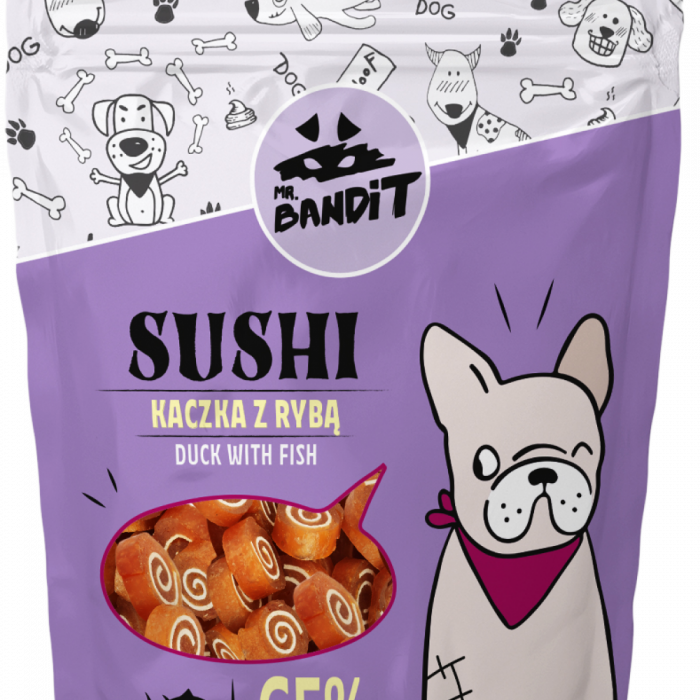 Recompense pentru caini Mr. Bandit SUSHI, rata si peste, 80g