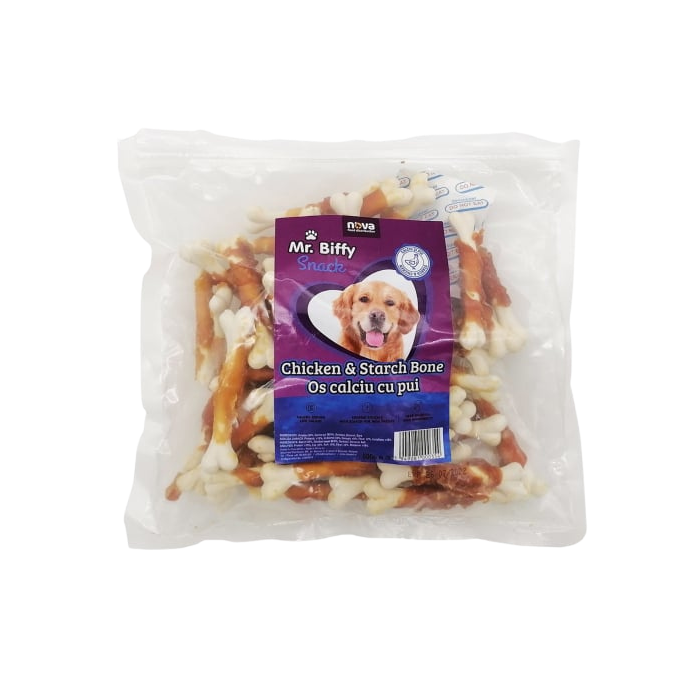 Recompense pentru caini Mr. Biffy, oase calciu cu pui, 500g