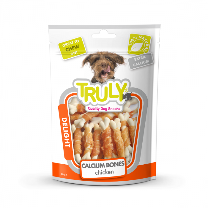 Recompense pentru caini Truly, oase calciu cu pui, 360g