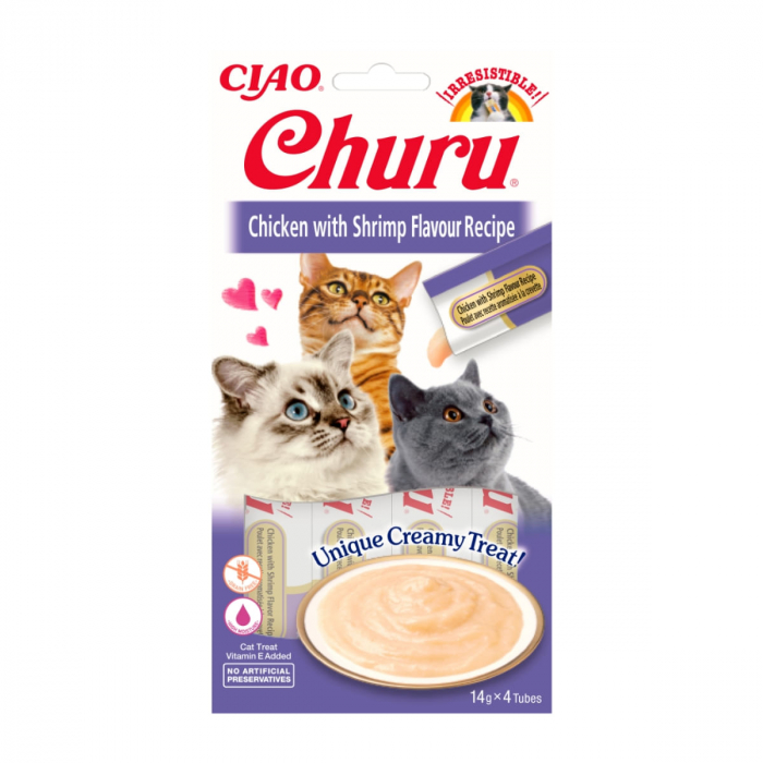 Recompense pentru pisici Inaba Ciao Churu, Piure, Pui si creveti, 4 x 14g