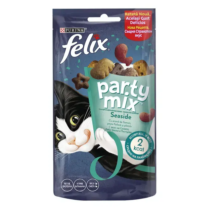 Recompense pentru pisici Purina Felix Party Mix Ocean Mix, Somon, peste Pollock si pastrav, 60g