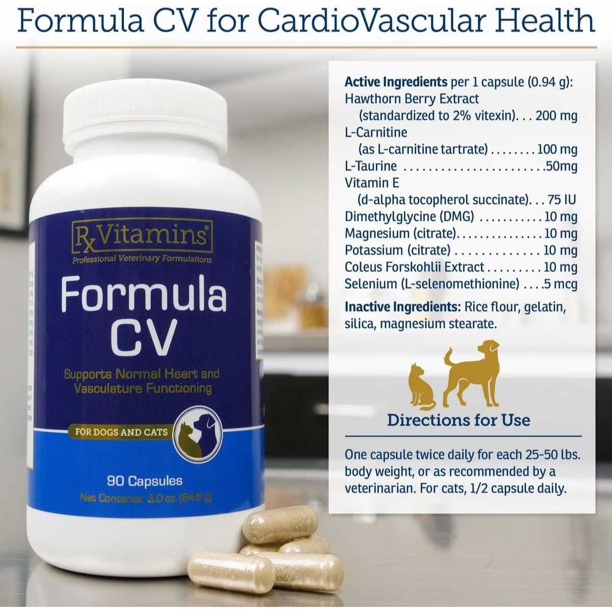 RX VITAMINS CV Formula, supliment sistem cardio-vascular câini, capsule RX VITAMINS CV Formula, supliment sistem cardio-vascular câini și pisici, flacon, 90 capsule - poza 3