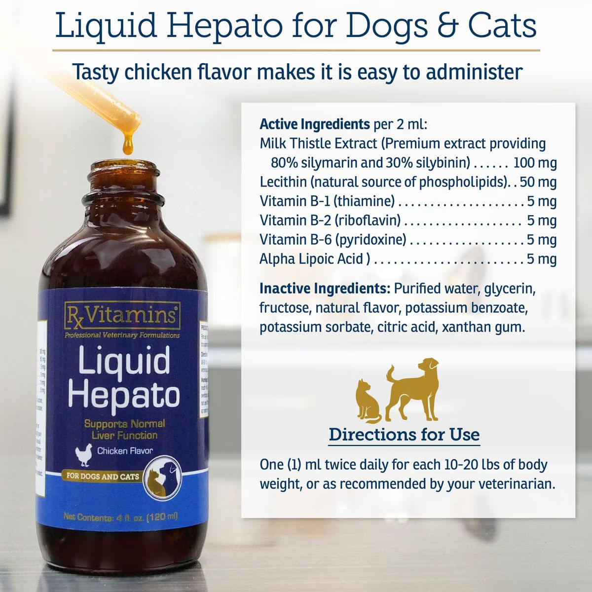 RX VITAMINS Liquid Hepato, supliment sistem hepatic câini, Bacon și Pui, suspensie orală RX VITAMINS Liquid Hepato, supliment sistem hepatic câini și pisici, Bacon și Pui, flacon, 120ml suspensie orală - poza 3