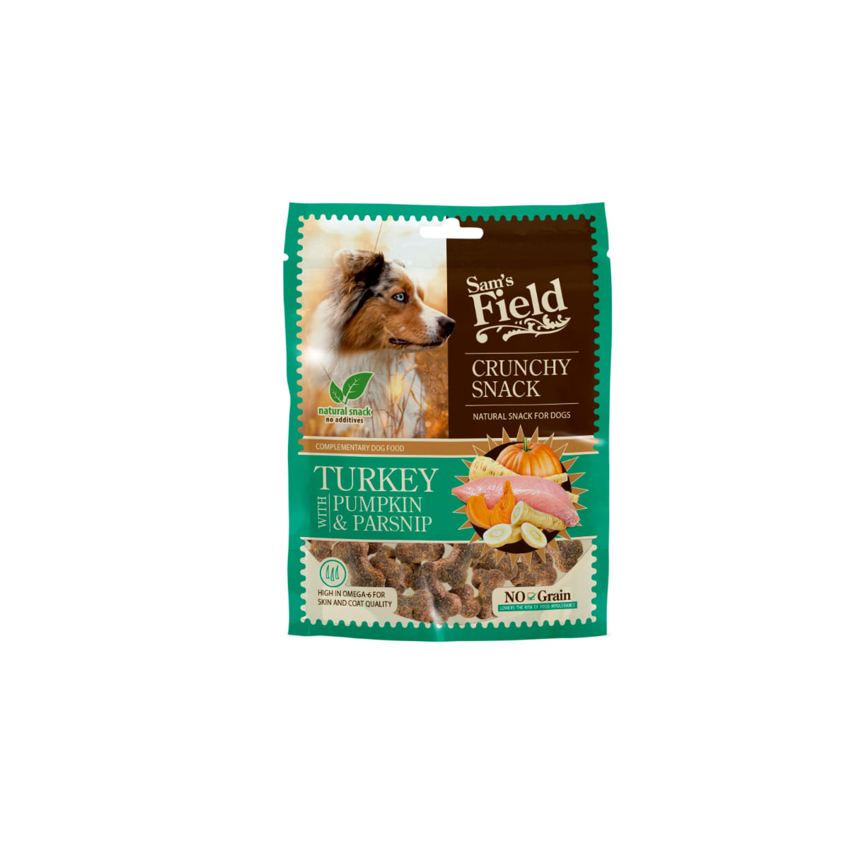SAM'S FIELD Crunchy Snack, XS-XL, Curcan și dovleac, punguță recompense fără cereale câini, 200g - poza 1