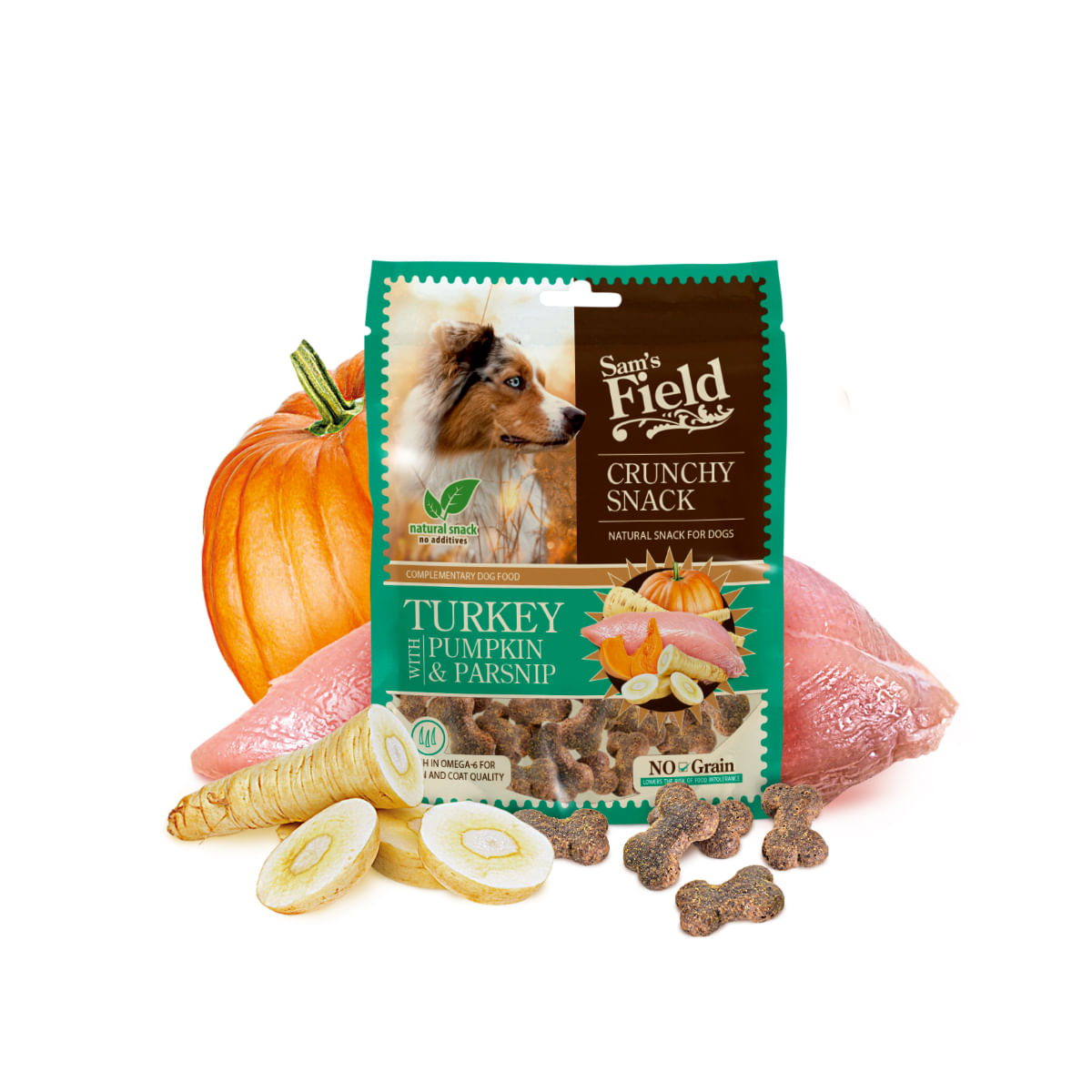 SAM'S FIELD Crunchy Snack, XS-XL, Curcan și dovleac, punguță recompense fără cereale câini, 200g - poza 3