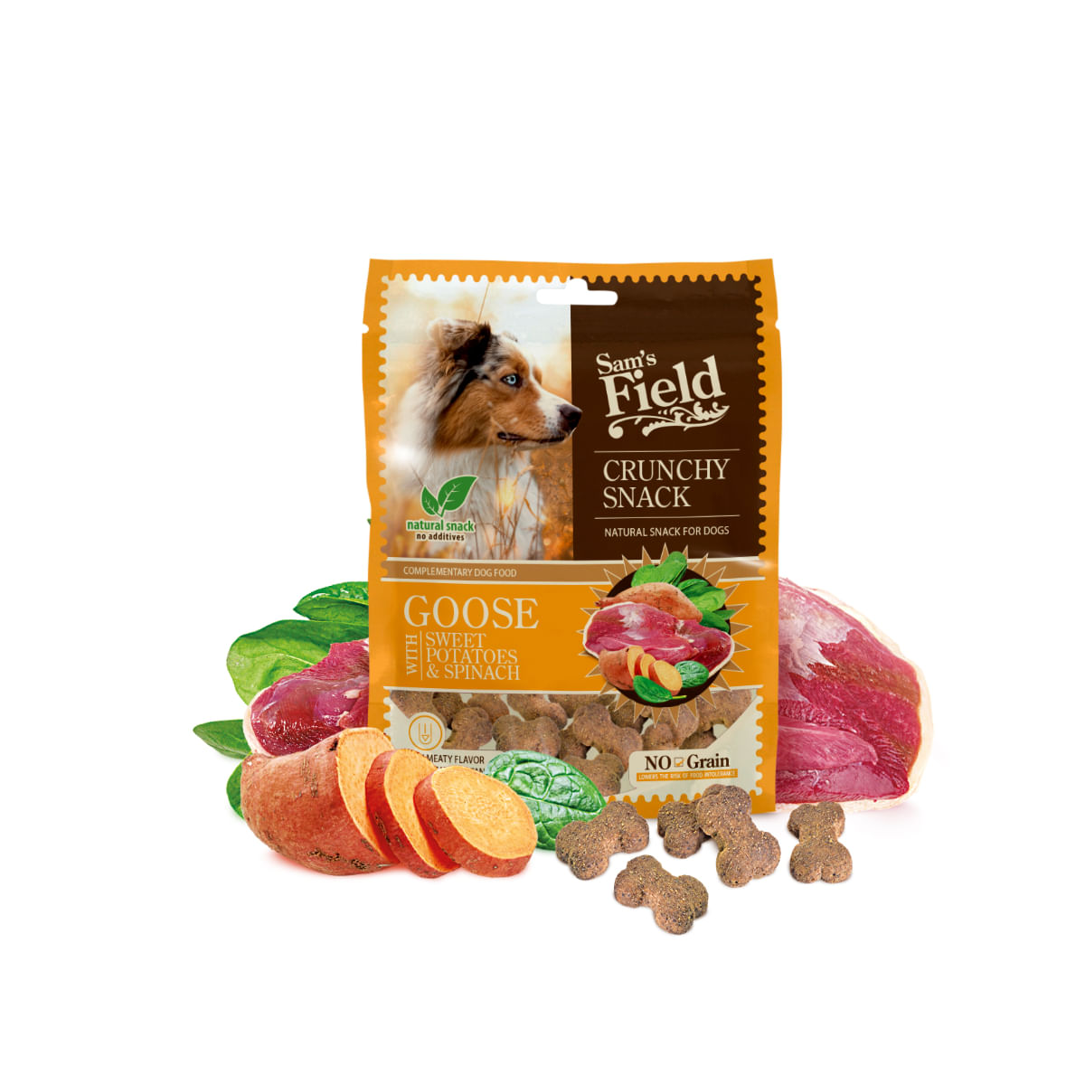 SAM'S FIELD Crunchy Snack, XS-XL, Gâsca și Cartof Dulce, punguță recompense fără cereale câini, 200g - poza 3