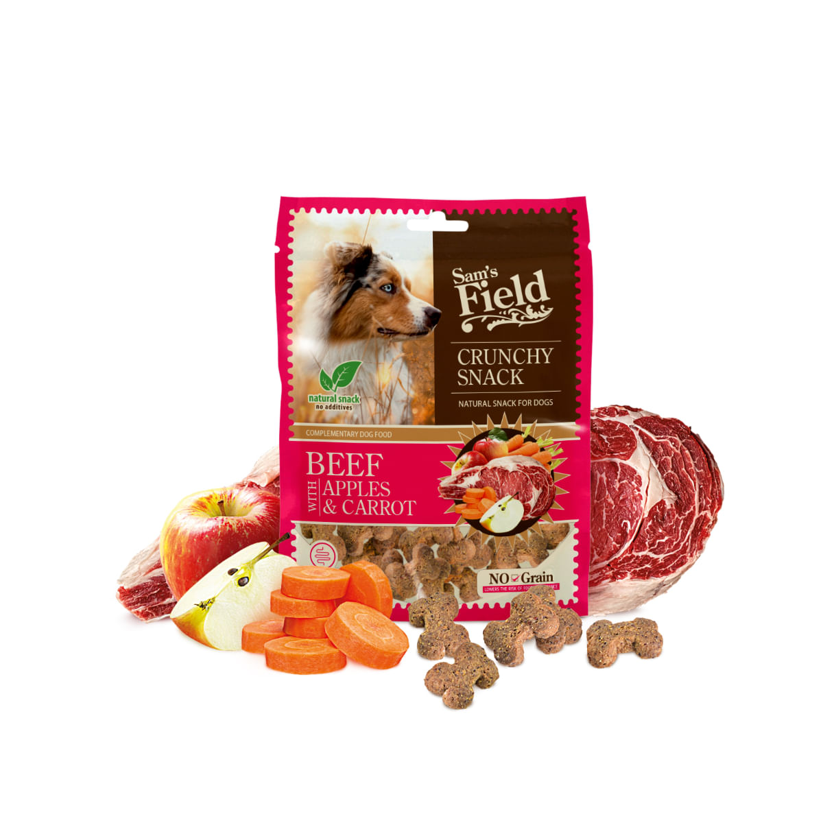 SAM'S FIELD Crunchy Snack, XS-XL, Vită și Măr, punguță recompense fără cereale câini, 200g - poza 3