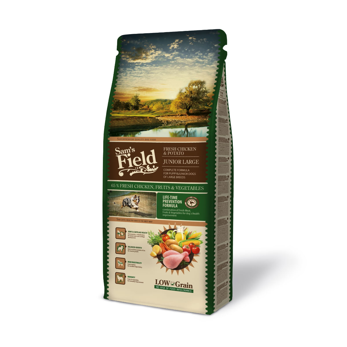 SAM'S FIELD Fresh Junior Large Breed, L-XL, Pui și Cartofi, hrană uscată conținut redus cereale câini junior, 13kg
