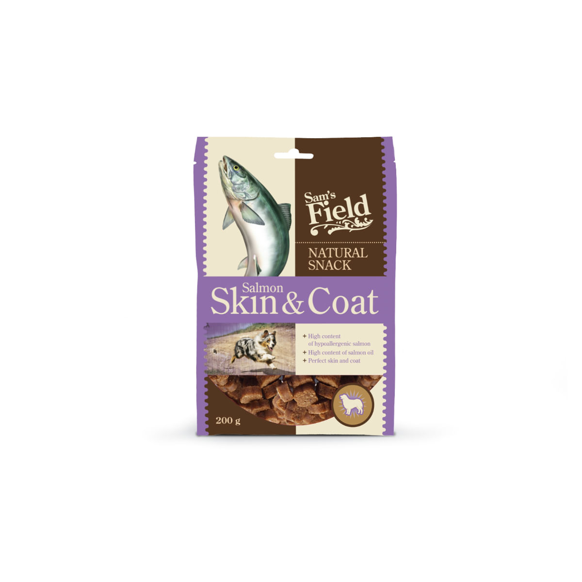SAM'S FIELD Natural Snack Skin & Coat, XS-XL, Somon, punguță recompense câini, piele & blană, 200g - poza 1