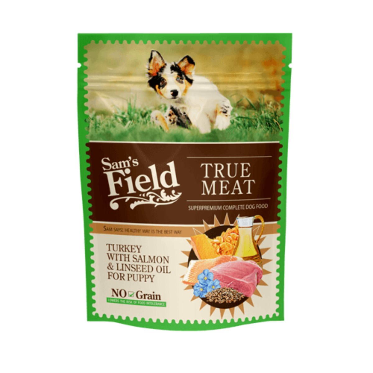 SAM'S FIELD Puppy, XS-XL, Curcan și Somon, plic hrană umedă fără cereale câini junior, (în aspic), 260g - poza 2