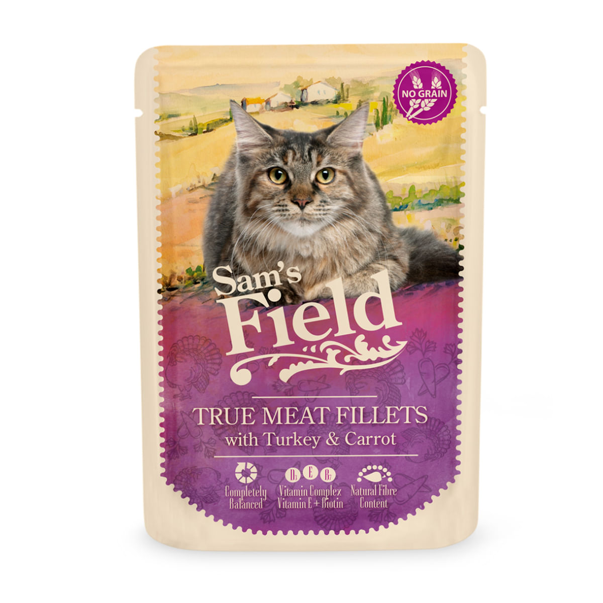 SAM'S FIELD True Meat Fillets, Curcan și Morcov, plic hrană umedă fără cereale pisici, (în sos), 85g - poza 1