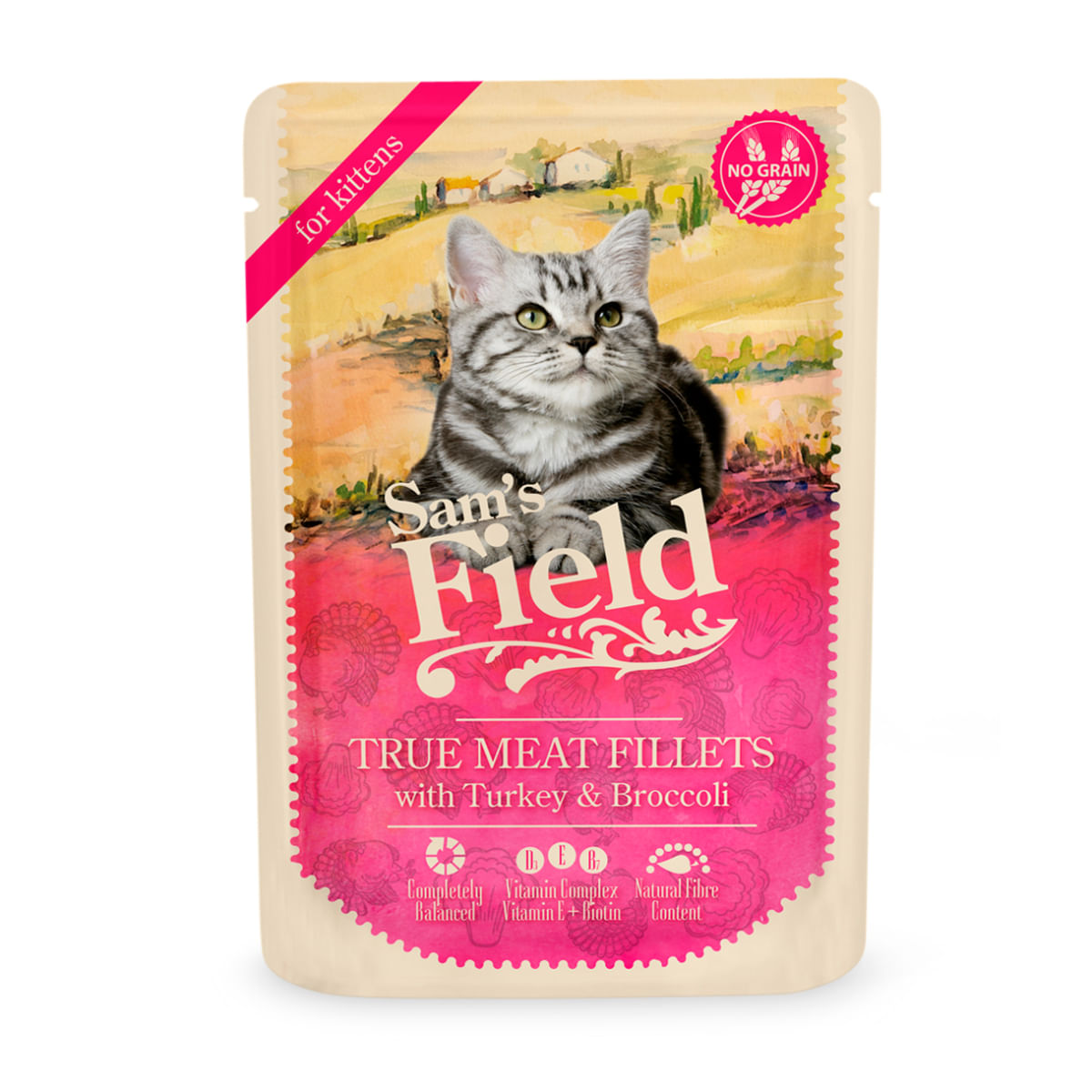SAM'S FIELD True Meat Fillets Kitten, Curcan și Broccoli, plic hrană umedă fără cereale pisici junior, (în sos), 85g - poza 2