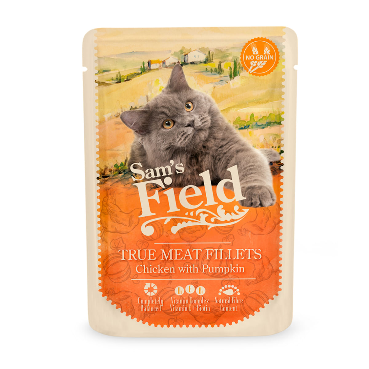 SAM'S FIELD True Meat Fillets, Pui și dovleac, plic hrană umedă fără cereale pisici, (în sos), 85g - poza 1