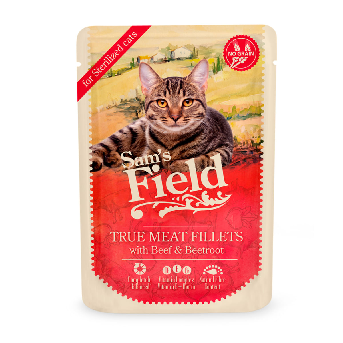 SAM'S FIELD True Meat Fillets Sterilised, Vită, plic hrană umedă fără cereale pisici sterilizate, (în sos), 85g - poza 1