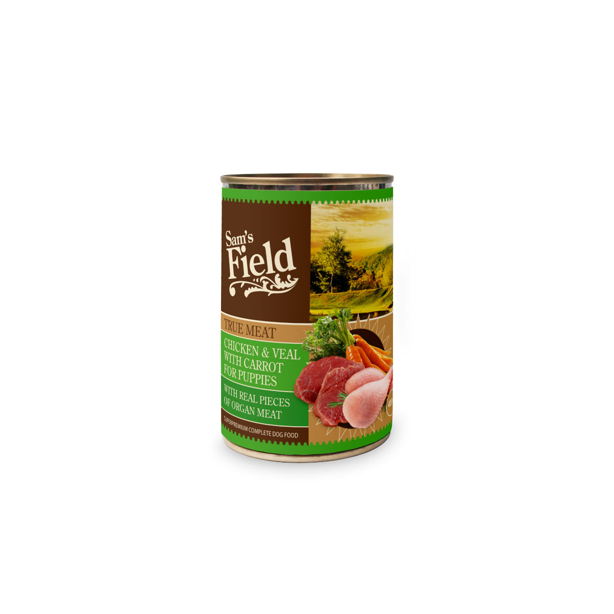 SAM'S FIELD True Meat For Puppies, XS-XL, Pui și Vițel, conservă hrană umedă fără cereale câini junior, (în aspic), 400g - poza 1