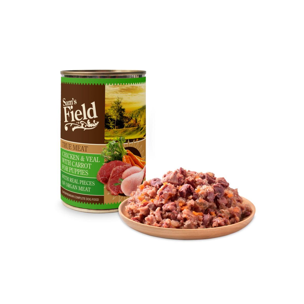 SAM'S FIELD True Meat For Puppies, XS-XL, Pui și Vițel, conservă hrană umedă fără cereale câini junior, (în aspic), 400g - poza 3