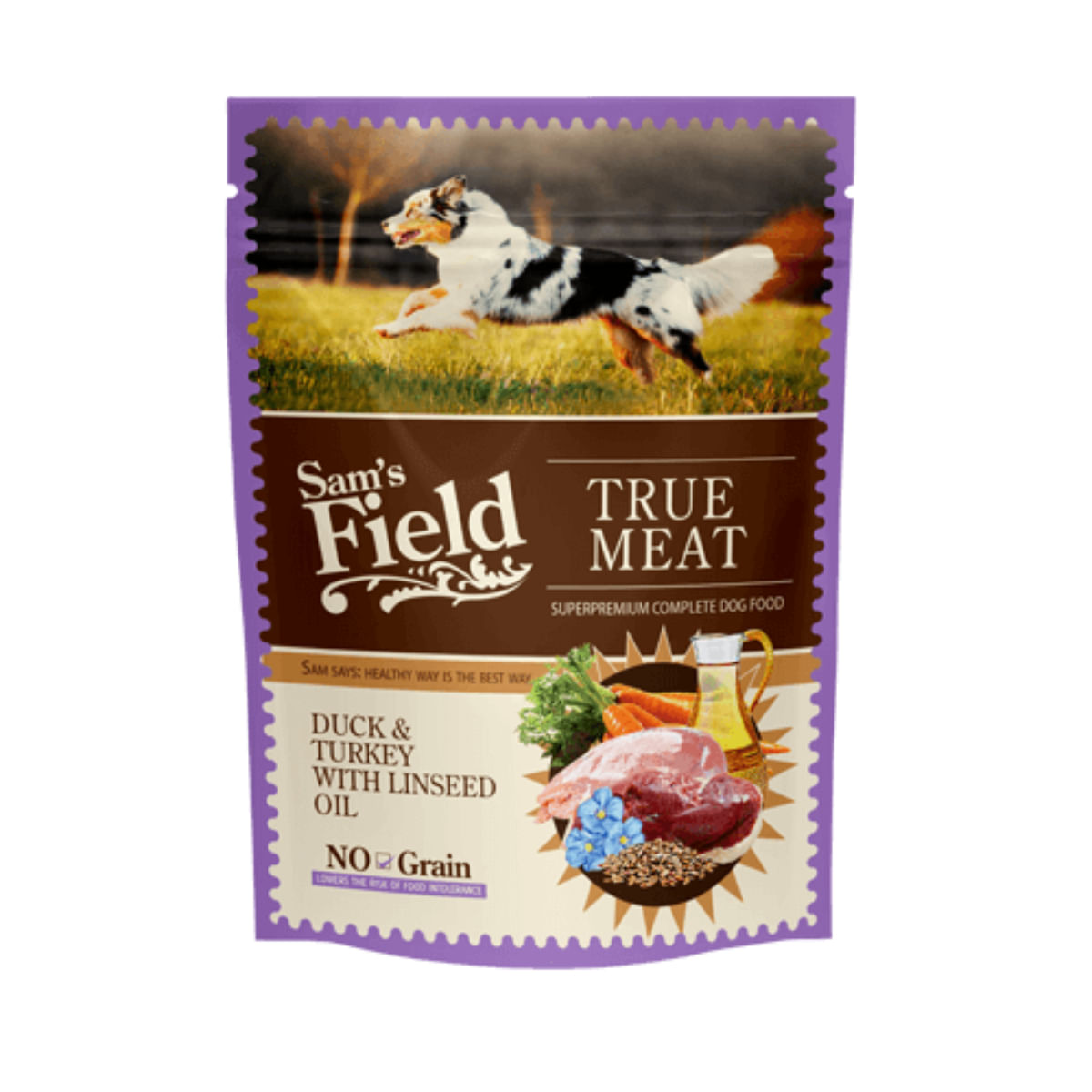 SAM'S FIELD, XS-XL, Rață și Curcan, plic hrană umedă fără cereale câini, (în aspic), 260g