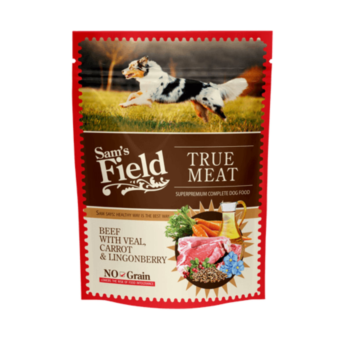 SAM'S FIELD, XS-XL, Vițel și Morcov, plic hrană umedă fără cereale câini, (în aspic), 260g - poza 2