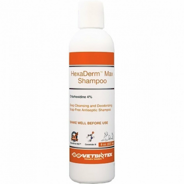 Sampon cu rol antiseptic pe baza de clorhexidina 4%, Hexaderm Max, VetBiotek, 237 ml
