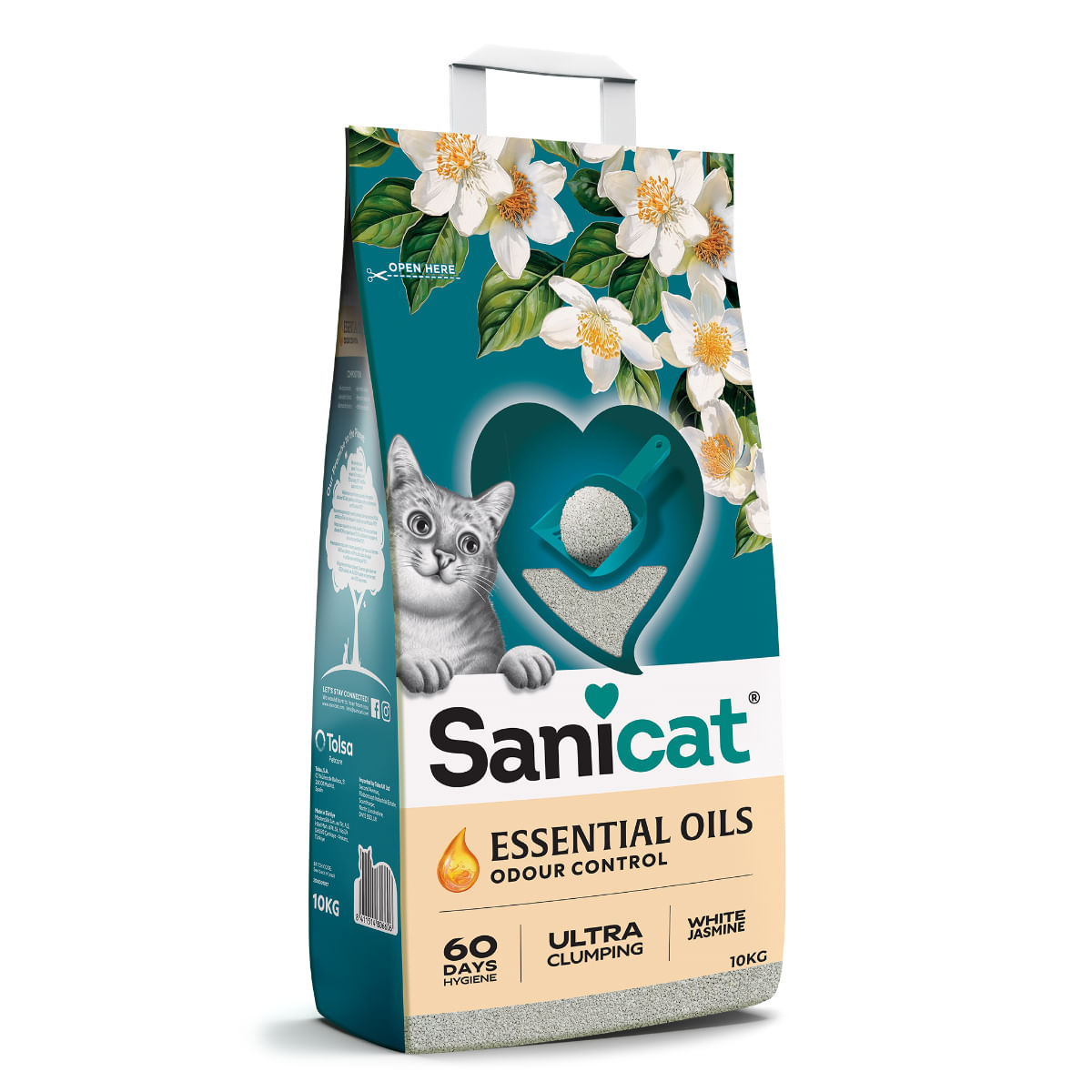 SANICAT Essential Oils Odour Control, Iasomie, așternut igienic pisici, granule, bentonită, aglomerant, neutralizare mirosuri, fără praf, 10kg
