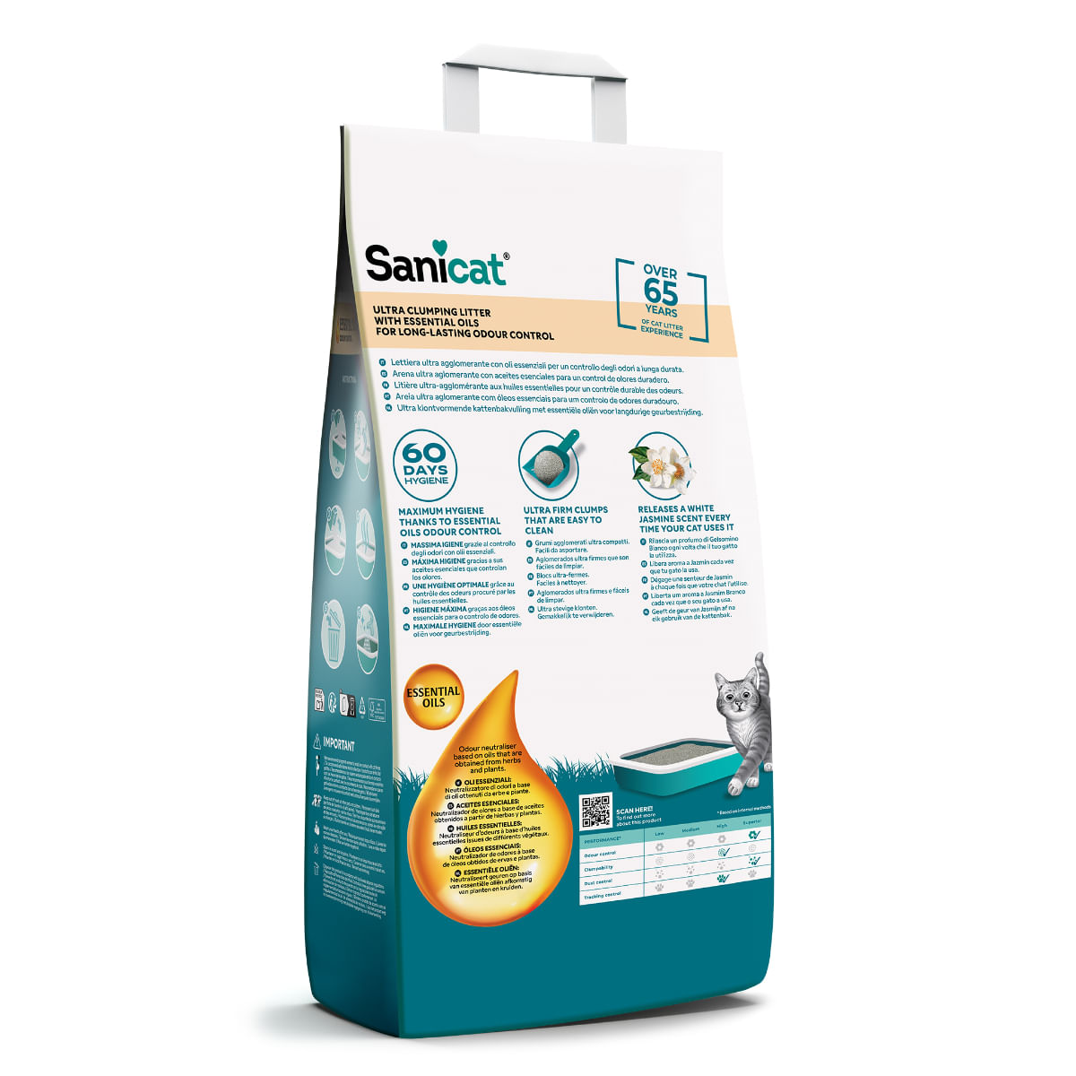 SANICAT Essential Oils Odour Control, Iasomie, așternut igienic pisici, granule, bentonită, aglomerant, neutralizare mirosuri, fără praf, 10kg - poza 3