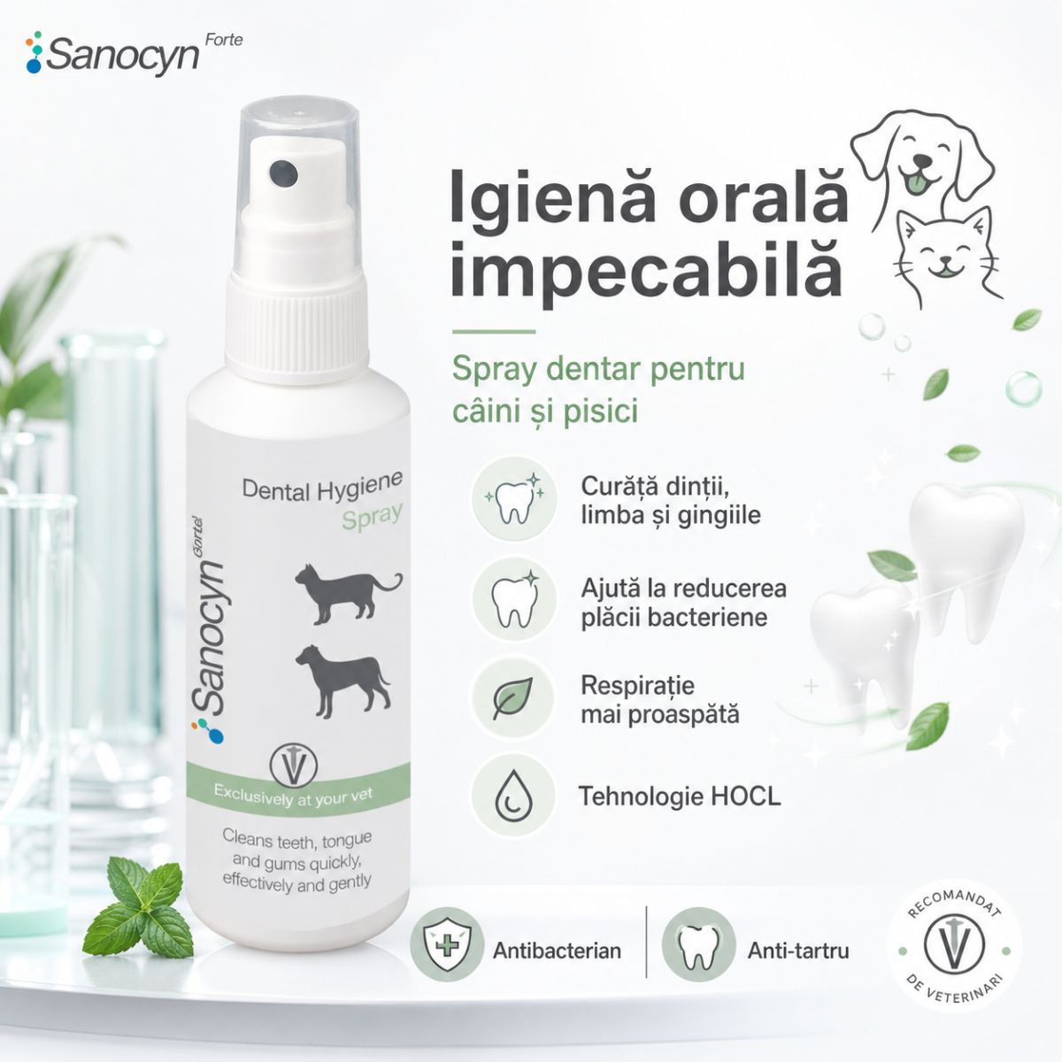 SANOCYN Forte Dental Hygiene, apă de gură spray câini și pisici, antibacteriană, anti-tartru, flacon, 75ml - poza 4