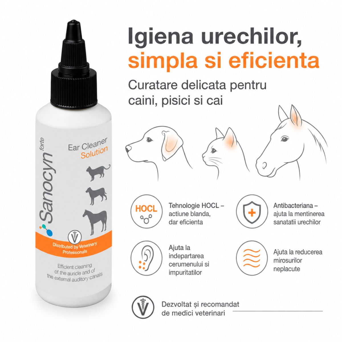 SANOCYN Forte Ear Cleaner, soluție igiena urechilor soluție câini și pisici, antibacteriană, flacon, 75ml - poza 3
