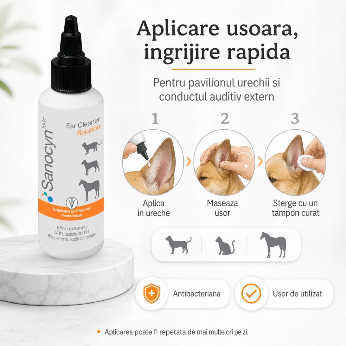 SANOCYN Forte Ear Cleaner, soluție igiena urechilor soluție câini și pisici, antibacteriană, flacon, 75ml - poza 5