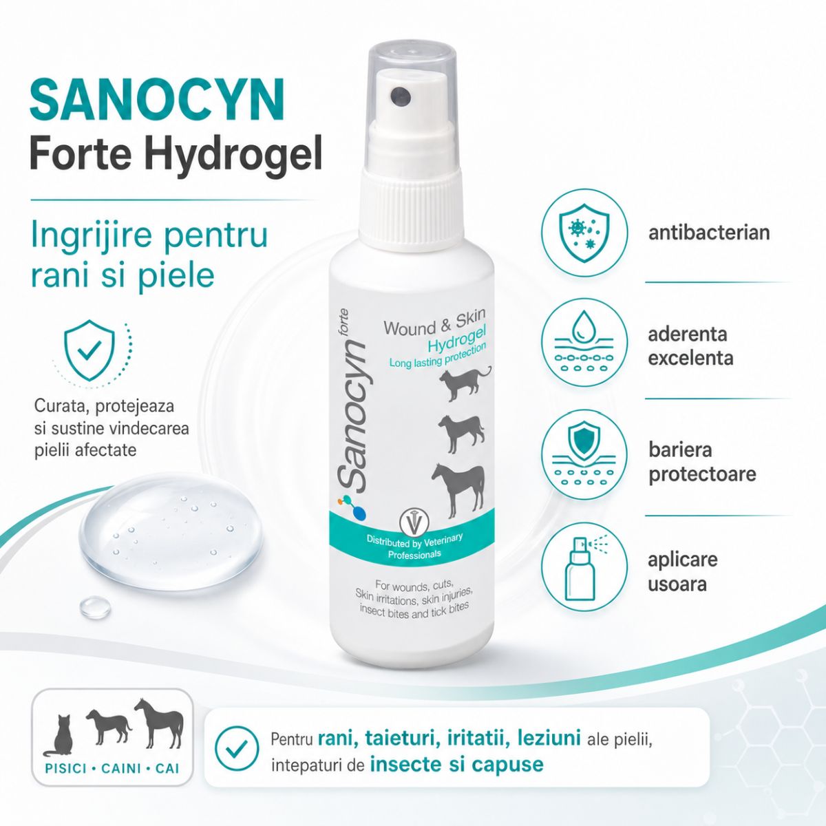 SANOCYN Forte Hydrogel, îngrijire răni gel câini și pisici, antibacteriană, flacon, 75ml - poza 3