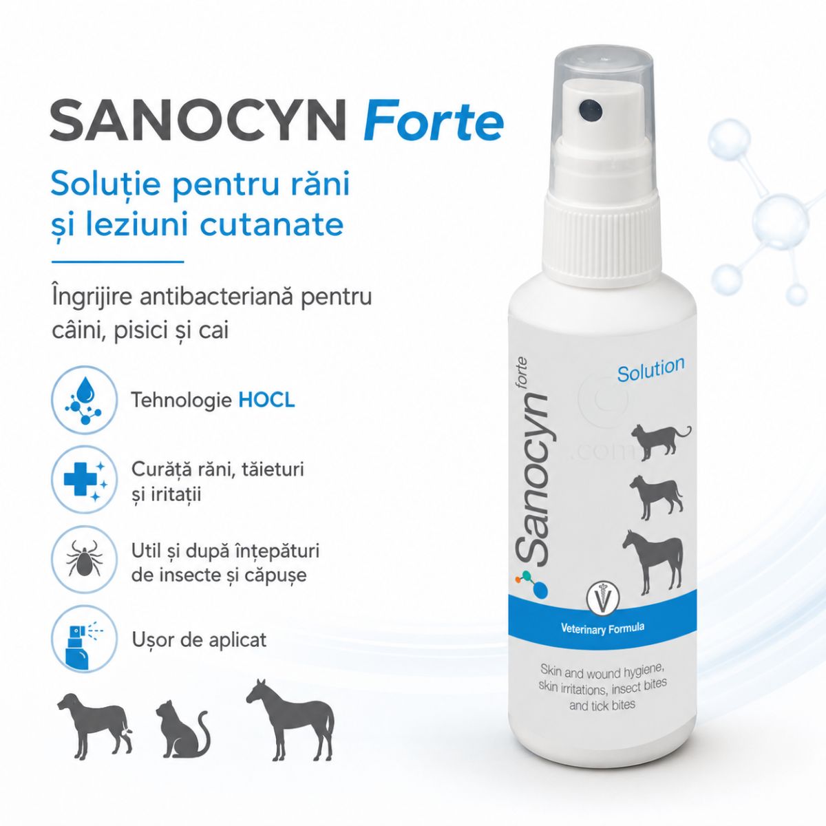 SANOCYN Forte Rani si Leziuni Cutanate, îngrijire răni soluție câini și pisici, antibacteriană, flacon, 75ml - poza 3
