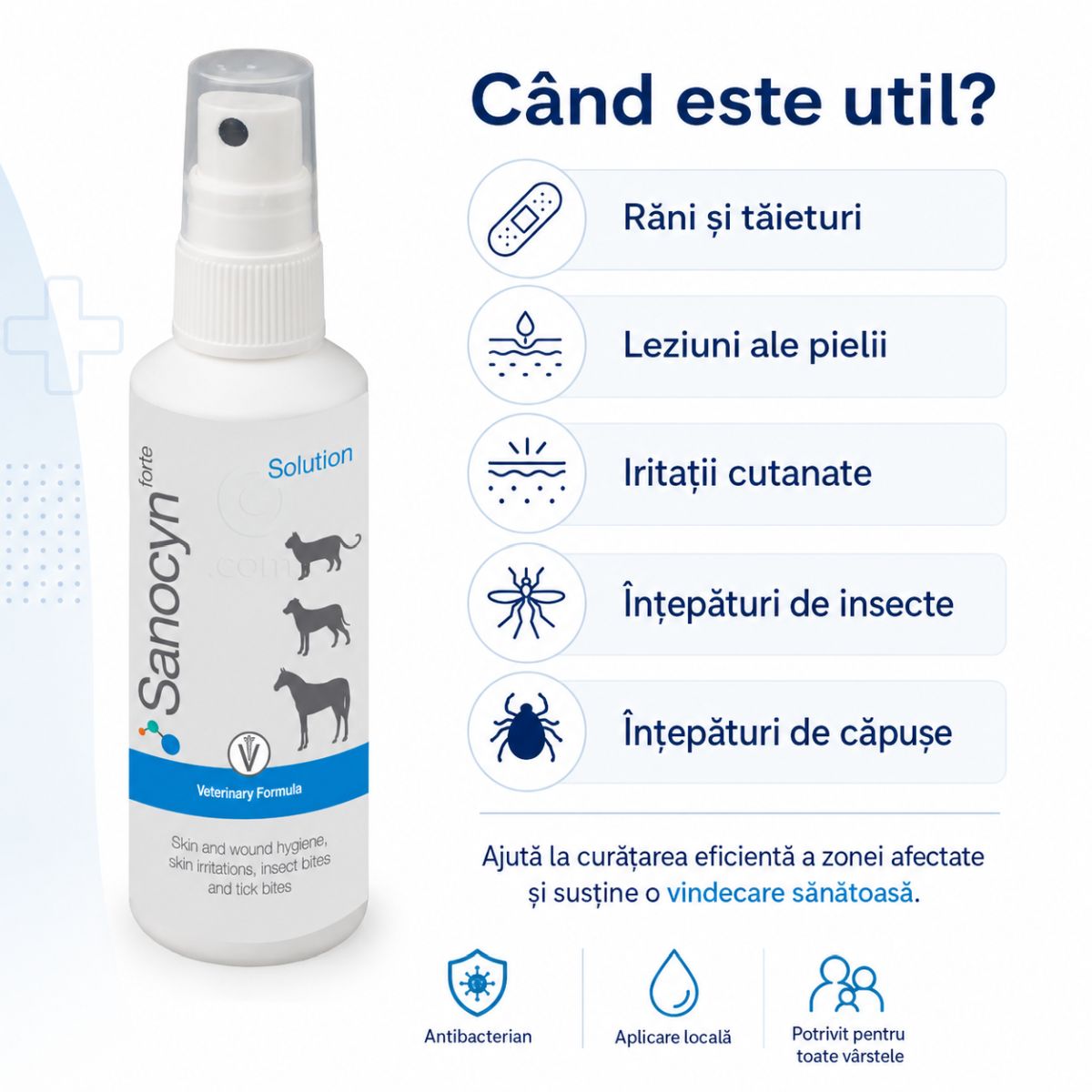 SANOCYN Forte Rani si Leziuni Cutanate, îngrijire răni soluție câini și pisici, antibacteriană, flacon, 75ml - poza 4