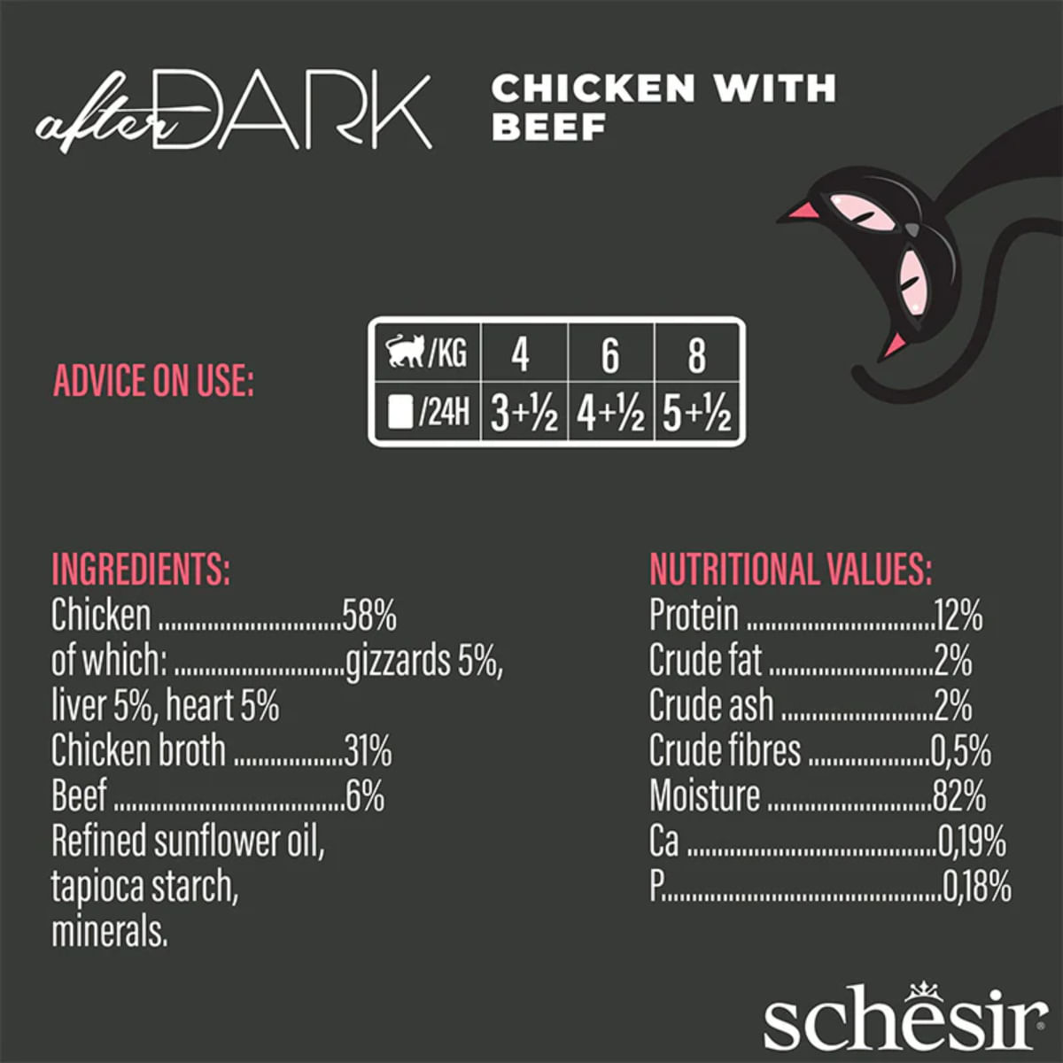 SCHESIR After Dark, Pui și Vită, conservă hrană umedă fără cereale pisici, (în supă), 80g - poza 5
