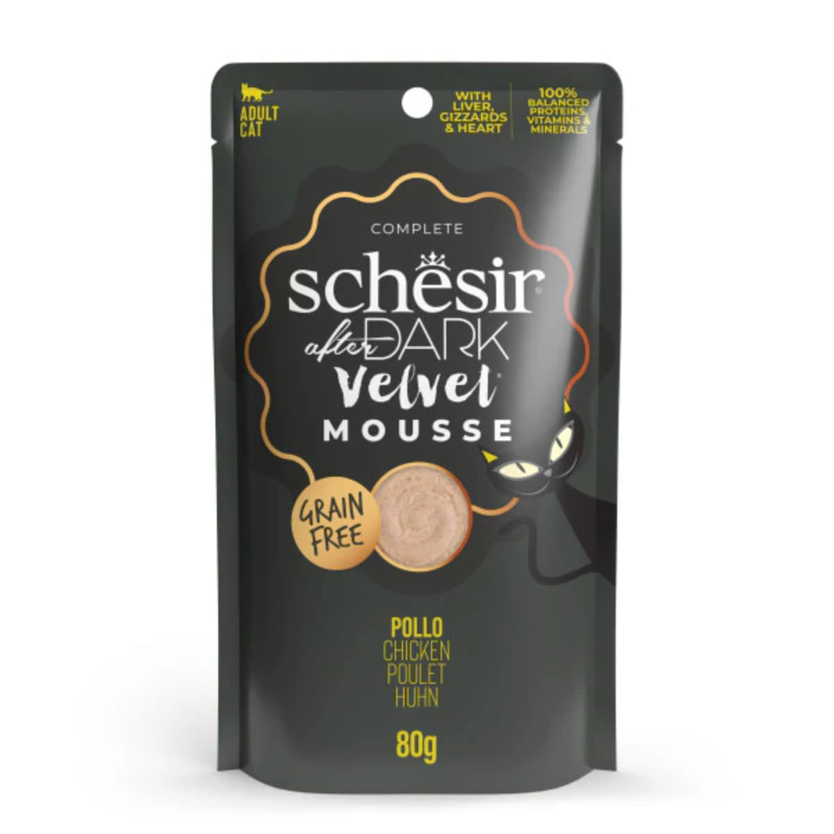SCHESIR After Dark Velvet Mousse, Pui, plic hrană umedă fără cereale pisici, (mousse), 80g - poza 2