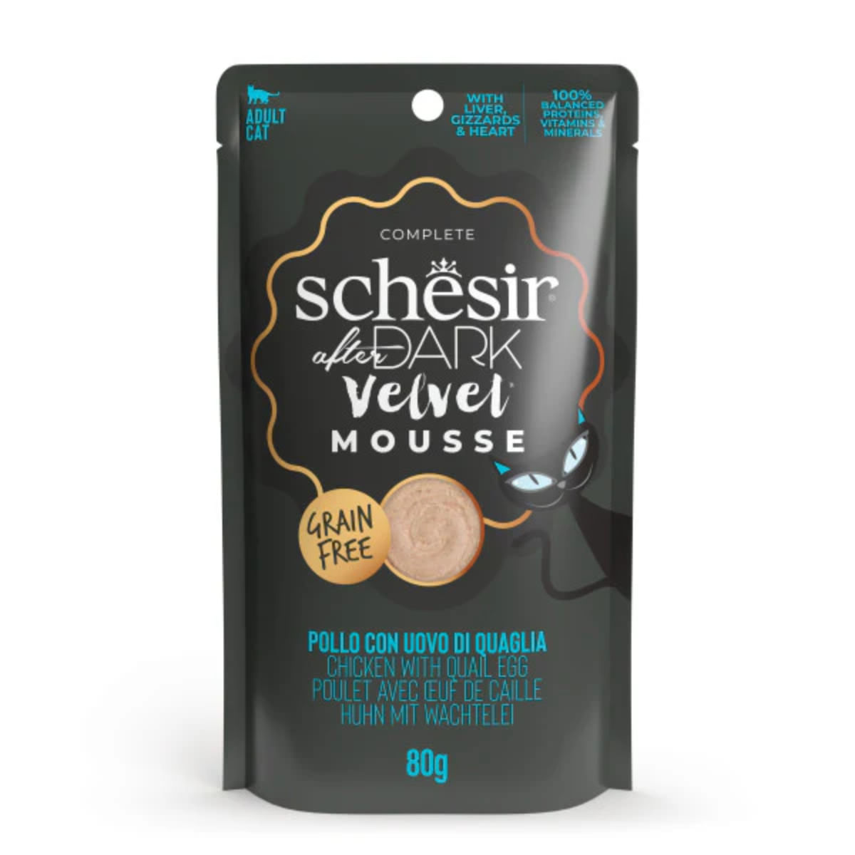 SCHESIR After Dark Velvet Mousse, Pui și Ou de Prepeliță, plic hrană umedă fără cereale pisici, (mousse), 80g - poza 2