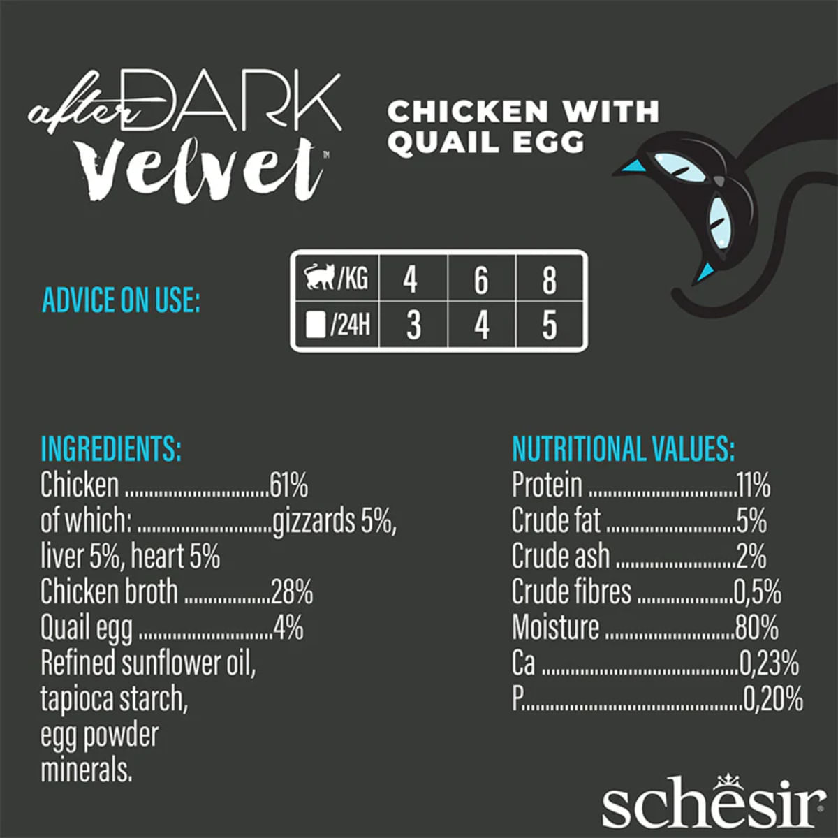 SCHESIR After Dark Velvet Mousse, Pui și Ou de Prepeliță, plic hrană umedă fără cereale pisici, (mousse), 80g - poza 5