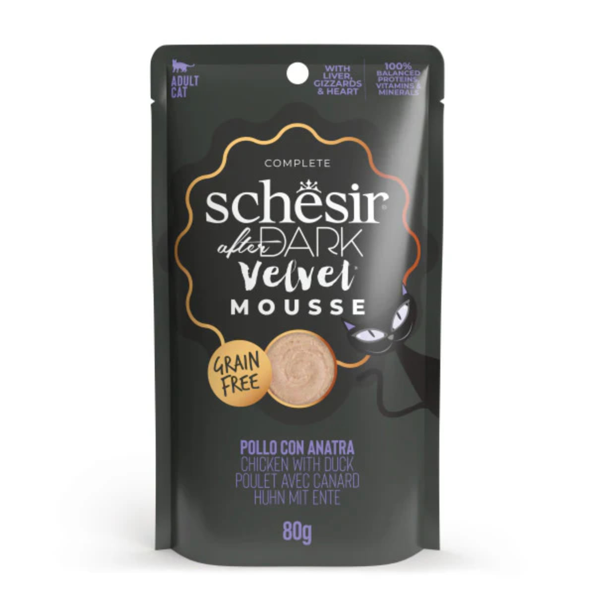SCHESIR After Dark Velvet Mousse, Pui și Rață, plic hrană umedă fără cereale pisici, (mousse), 80g - poza 2
