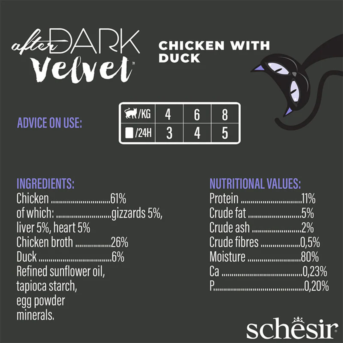 SCHESIR After Dark Velvet Mousse, Pui și Rață, plic hrană umedă fără cereale pisici, (mousse), 80g - poza 5