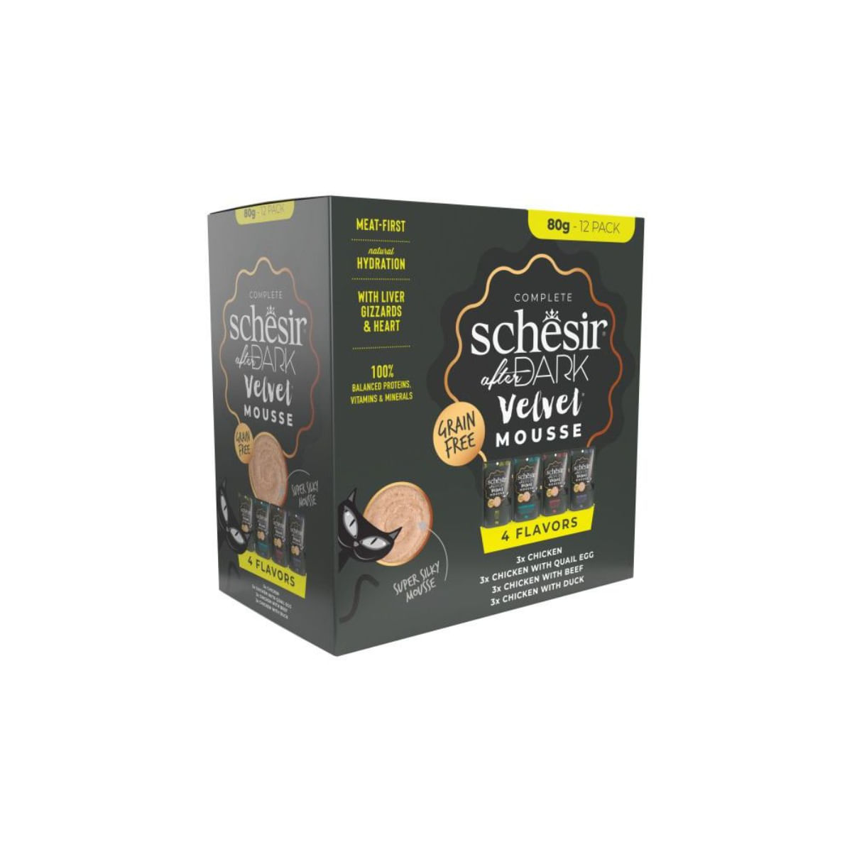 SCHESIR After Dark Velvet Mousse Variety Pack 4 arome, Pui, plic hrană umedă fără cereale pisici, (mousse), multipack, 80g x 12buc - poza 1