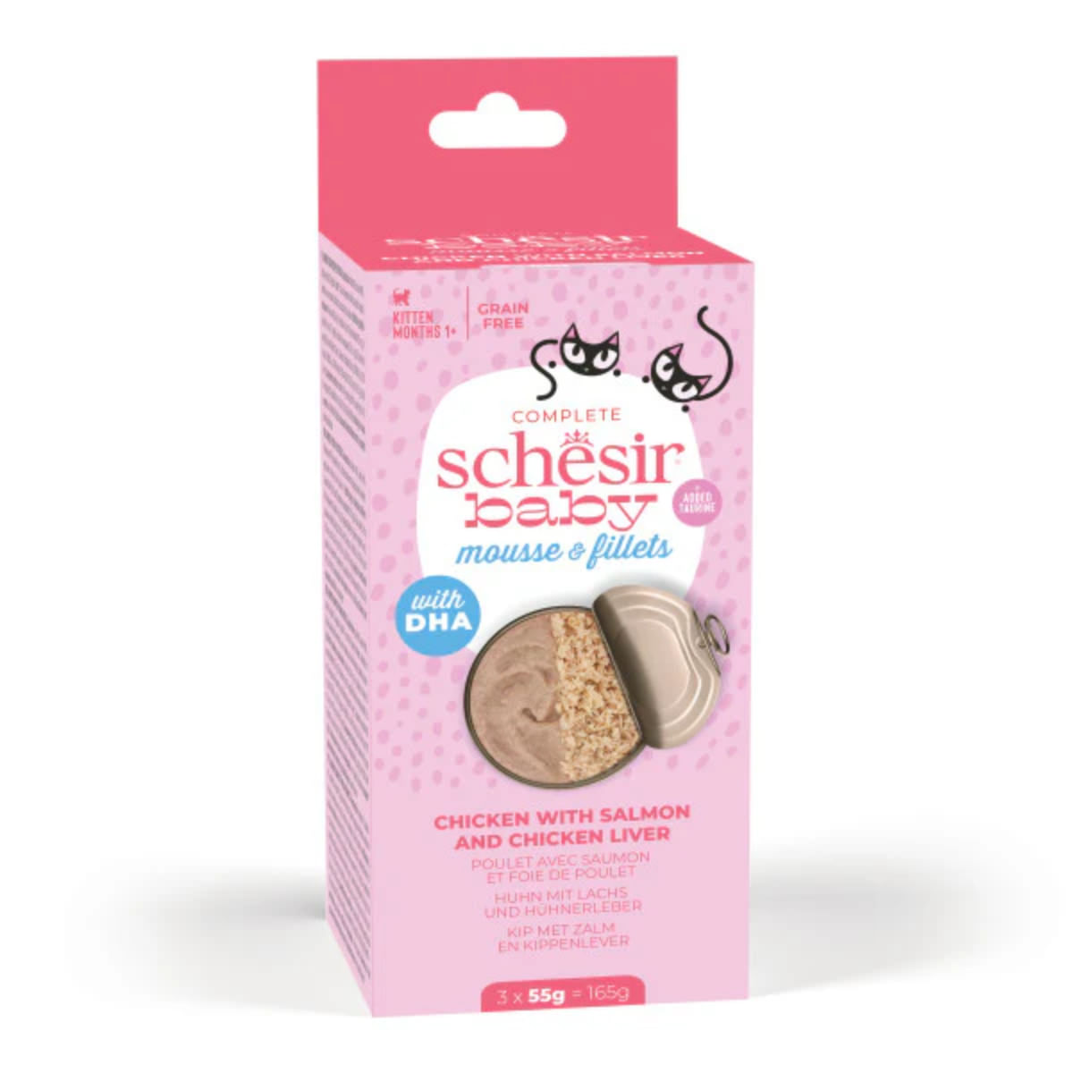 SCHESIR Baby Mousse & Fillets, Pui și Somon, conservă hrană umedă fără cereale pisici junior, (mousse), multipack, 55g x 3buc - poza 2