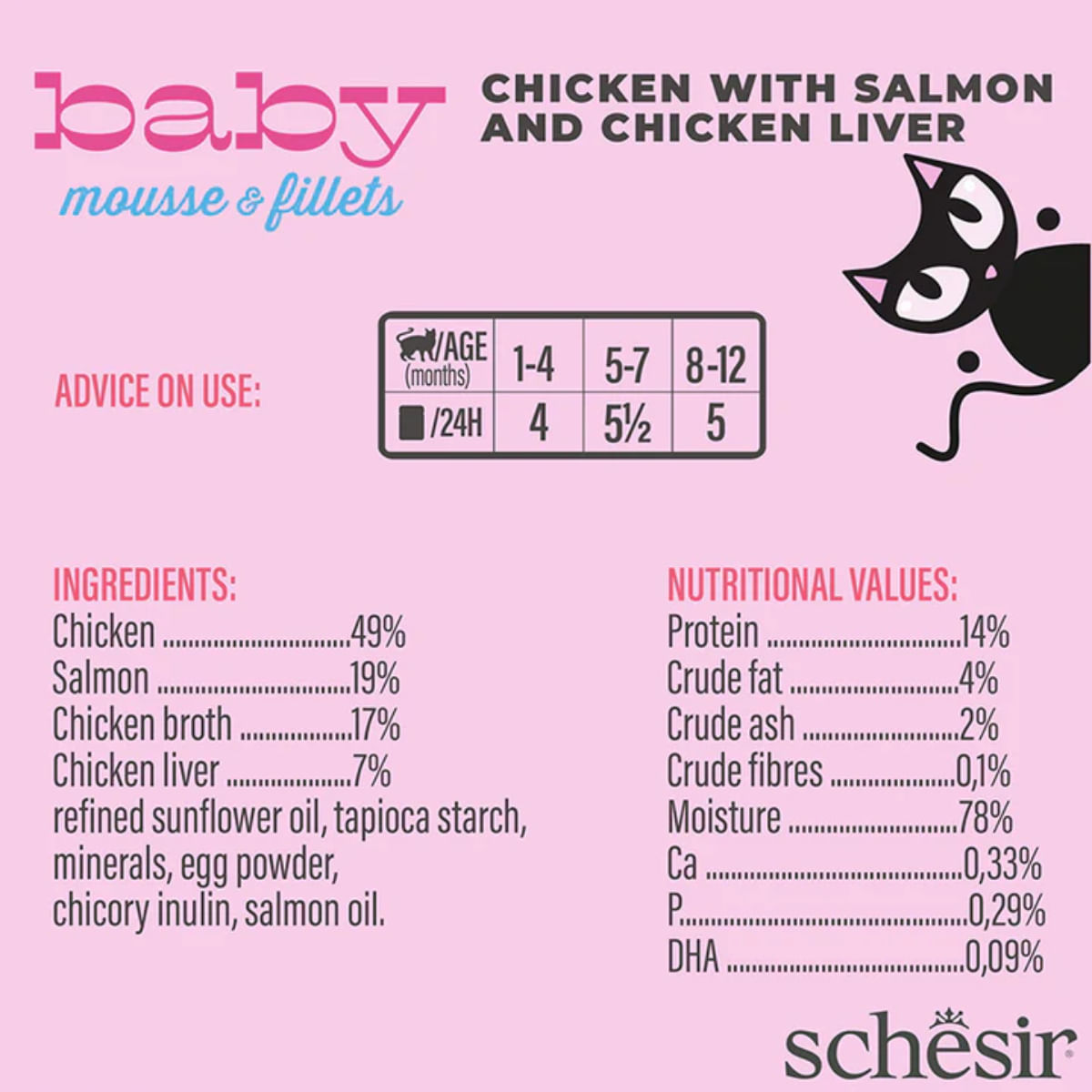 SCHESIR Baby Mousse & Fillets, Pui și Somon, conservă hrană umedă fără cereale pisici junior, (mousse), multipack, 55g x 3buc - poza 5