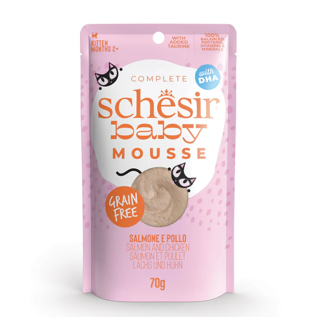 SCHESIR Baby Mousse, Somon și Pui, plic hrană umedă fără cereale pisici junior, (mousse), 70g - poza 1