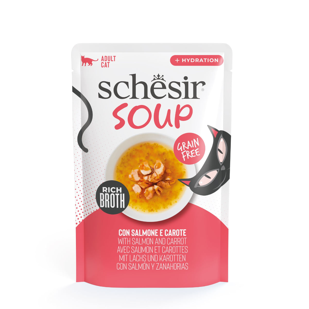 SCHESIR Complementary Soup, Somon și Morcov, plic hrană umedă fără cereale pisici, (în supă), 40g - poza 1
