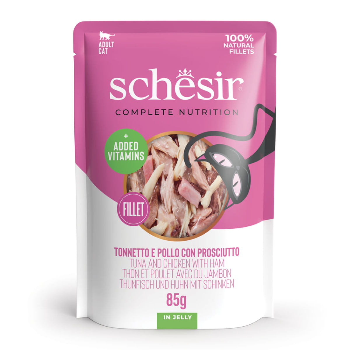 SCHESIR Complete Nutrition Ton, Pui și Șuncă, plic hrană umedă pisici, (în aspic), 85g - poza 2