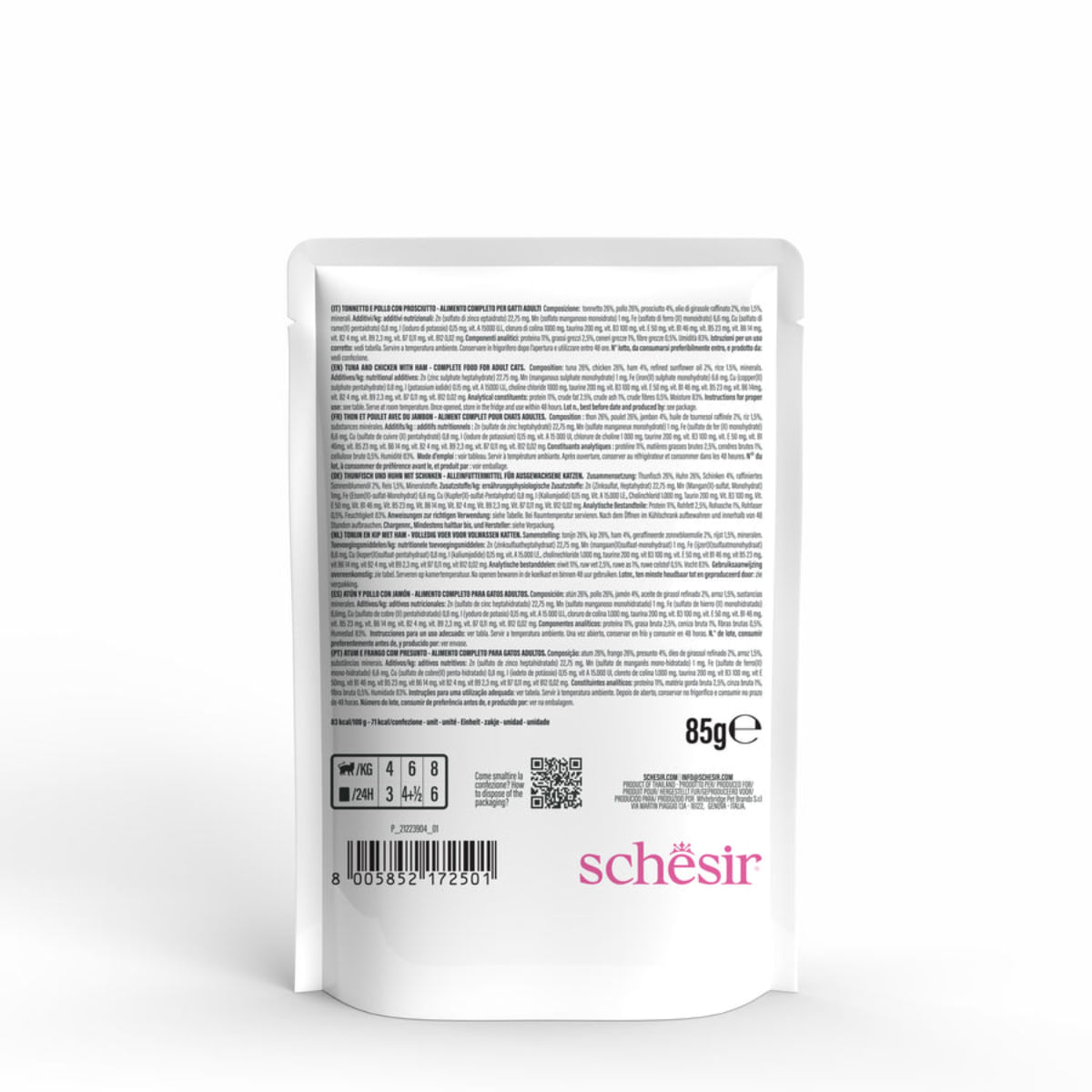 SCHESIR Complete Nutrition Ton, Pui și Șuncă, plic hrană umedă pisici, (în aspic), 85g - poza 3