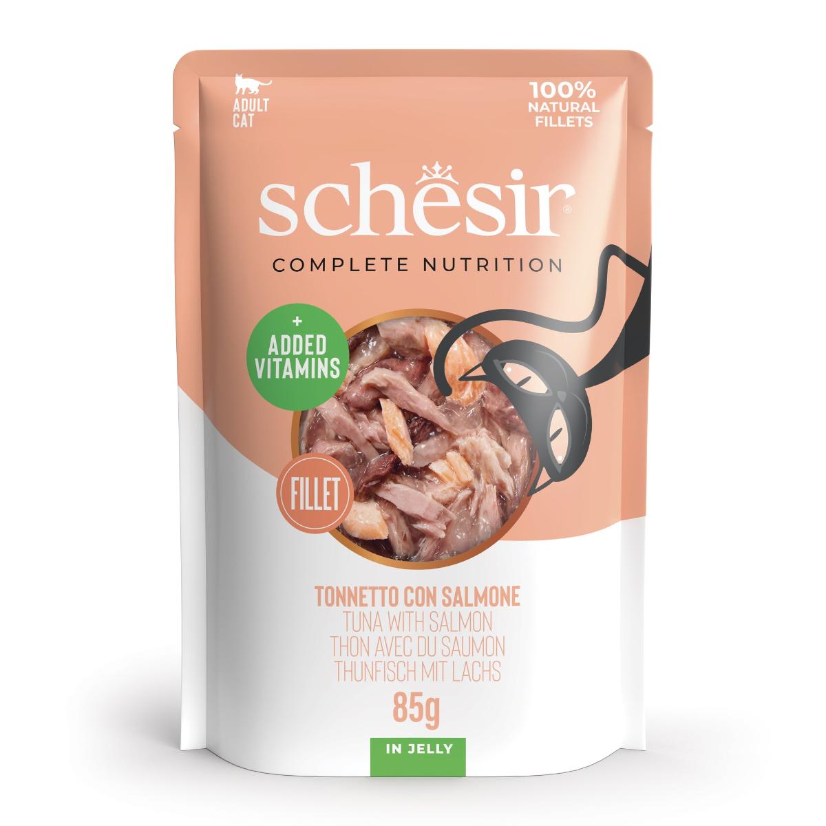 SCHESIR Complete Nutrition, Ton și Somon, plic hrană umedă pisici, (în aspic), 85g - poza 1