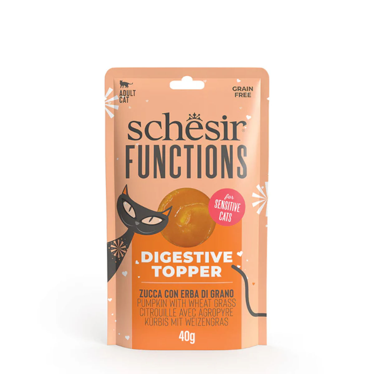 SCHESIR Functions Digestive Topper, dovleac, plic hrană umedă fără cereale pisici, sistem digestiv, (topping), 40g - poza 2