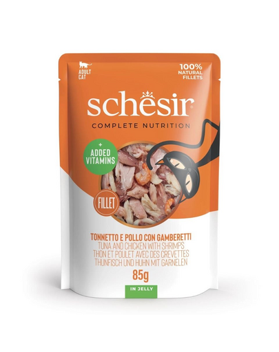 SCHESIR Jelly Adult Tuna&Chicken&Shrimps 85g ton, pui si creveti in aspic, hrana pisica