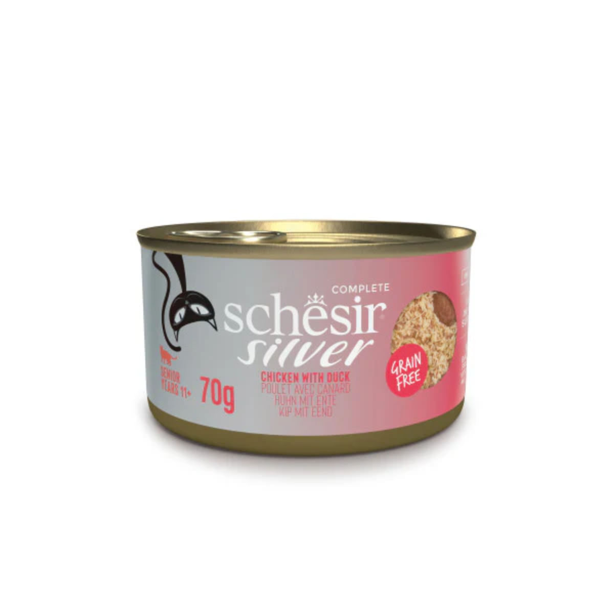 SCHESIR Silver Mousse & Fillet, Pui și Rață, conservă hrană umedă fără cereale pisici senior, (mousse), 70g - poza 2