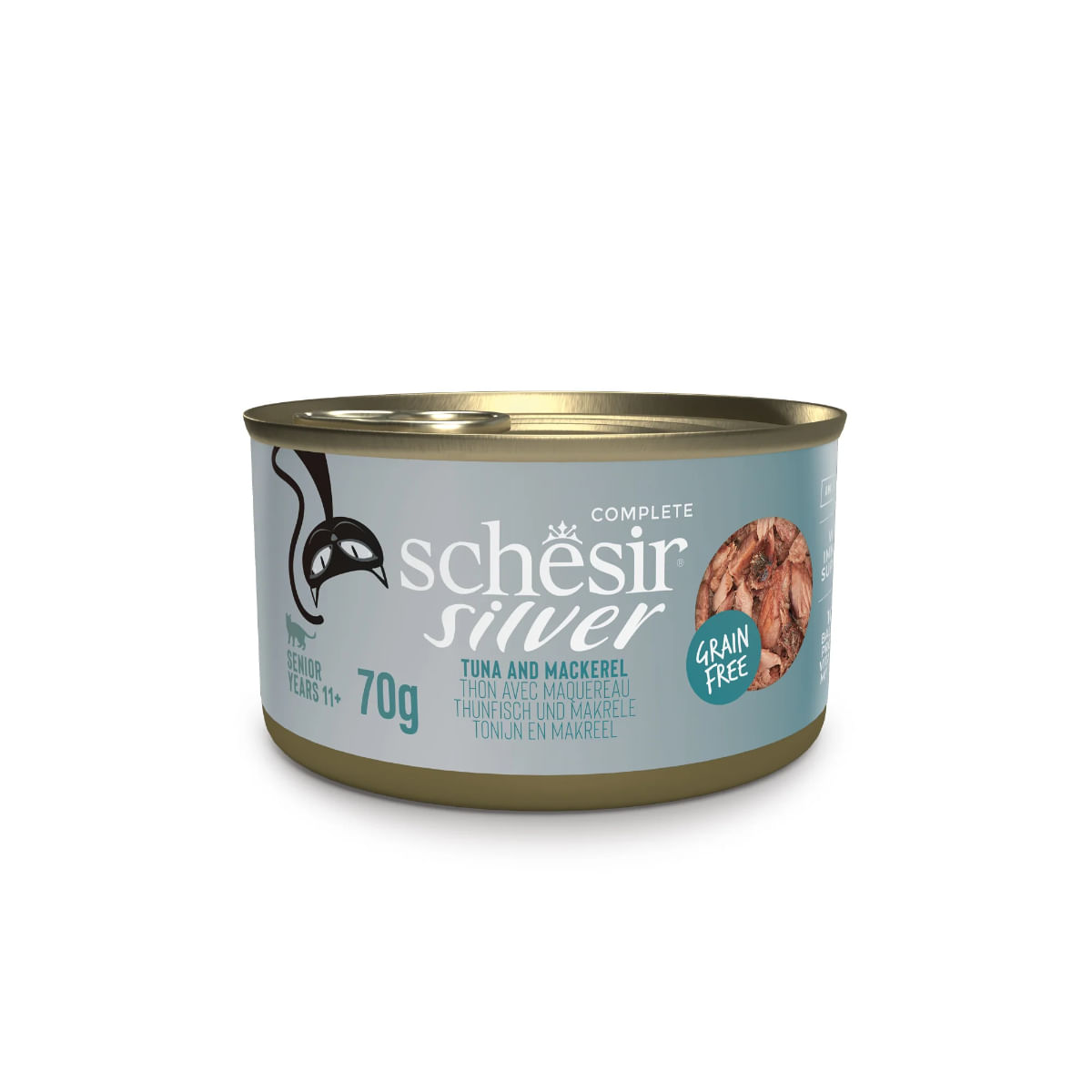 SCHESIR Silver, Ton și Macrou, conservă hrană umedă fără cereale pisici senior, (în supă), 70g - poza 2