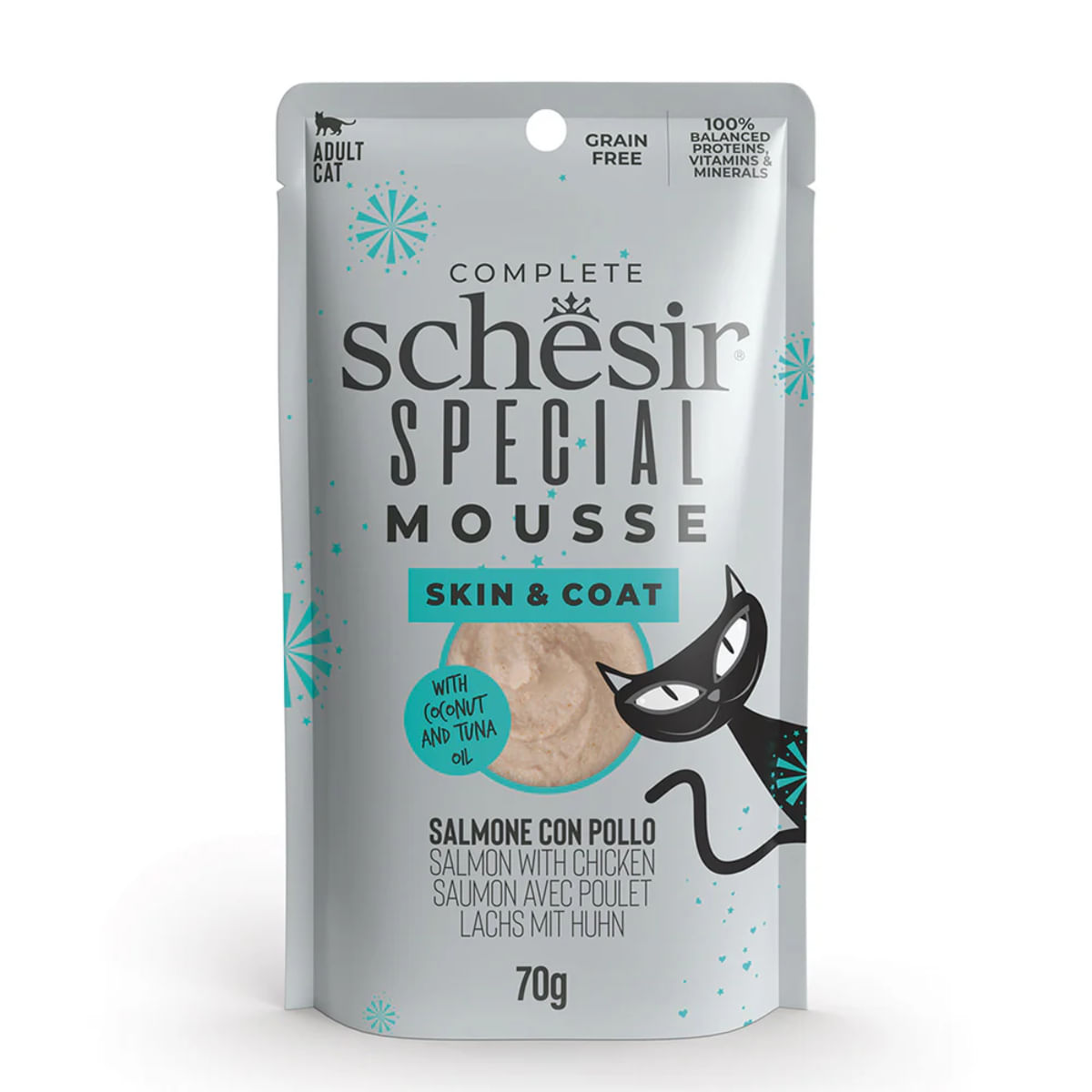 SCHESIR Special Skin & Coat, Somon și Pui, plic hrană umedă fără cereale pisici, piele & blană, (mousse), 70g - poza 2